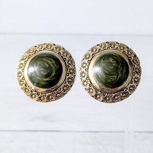 Vintage Clip On Earrings Stunning Statement Green & Gold Tone Large